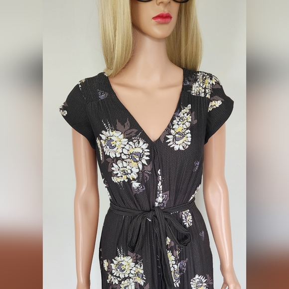 FREE PEOPLE RUFFLE FRILL BELTED FLORAL CAP SLEEVES BUTTONS MIDI DRESS SZ.4 - Picture 5 of 15